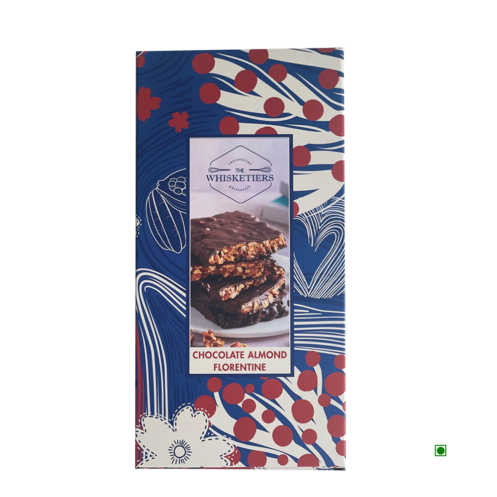 A rectangular box of Whisketiers Almond Dark Chocolate 100g with a blue, red, and white floral design, featuring rich dark chocolate and crunchy roasted almonds.