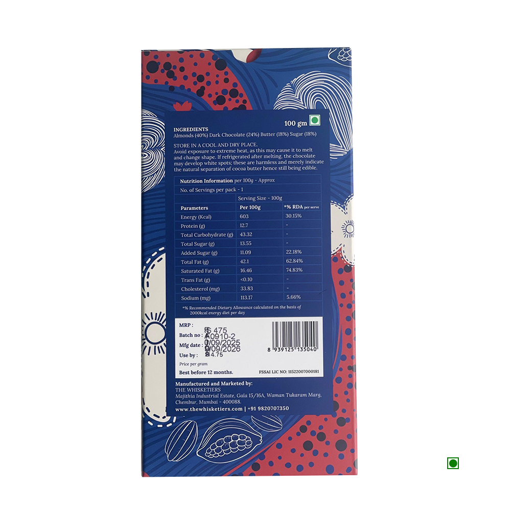 Back of The Whisketiers Almond Dark Chocolate 100g bar by Whisketiers, showing roasted almonds, ingredients list, nutrition facts, storage guidelines, manufacturing details, and a green vegetarian symbol.