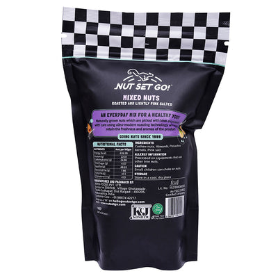 A modern bag with a checkered pattern on it, designed to hold Nut Set Go Mixed Nuts 50g.
