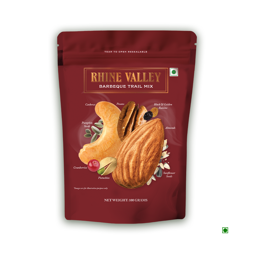 A bag of Rhine Valley Barbeque Trail Mix 100g against a white background.