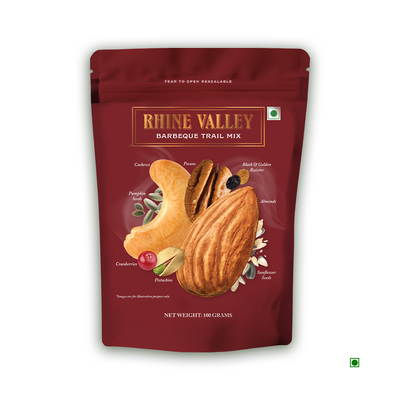 A bag of Rhine Valley Barbeque Trail Mix 100g against a white background.