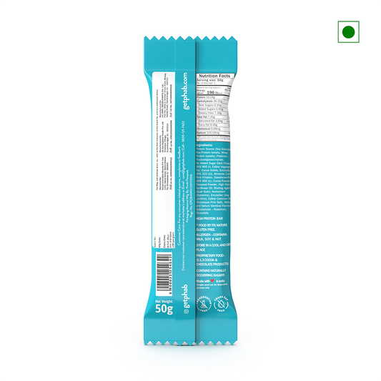 The Phab Protein Bar Choco Almond Crunch 50g comes in blue packaging that includes nutritional information and a list of ingredients, highlighted by a green dot on the top right to signify its vegetarian suitability. Proudly manufactured in India, this product combines local flavors with global appeal.