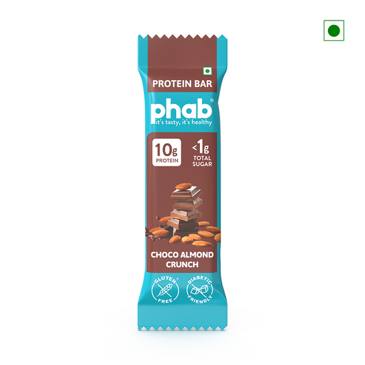 Phab's Choco Almond Crunch Protein Bar, originating from India, offers 10g of protein and less than 1g of sugar. It is gluten-free and suitable for diabetics, presented on a white background.