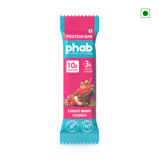 The Phab Protein Bar Choco Berry Crunch 50g wrapper showcases 10g of protein and less than 3g of sugar. It's gluten-free, diabetic-friendly, made in India, and displays an Indian green vegan symbol in the corner.