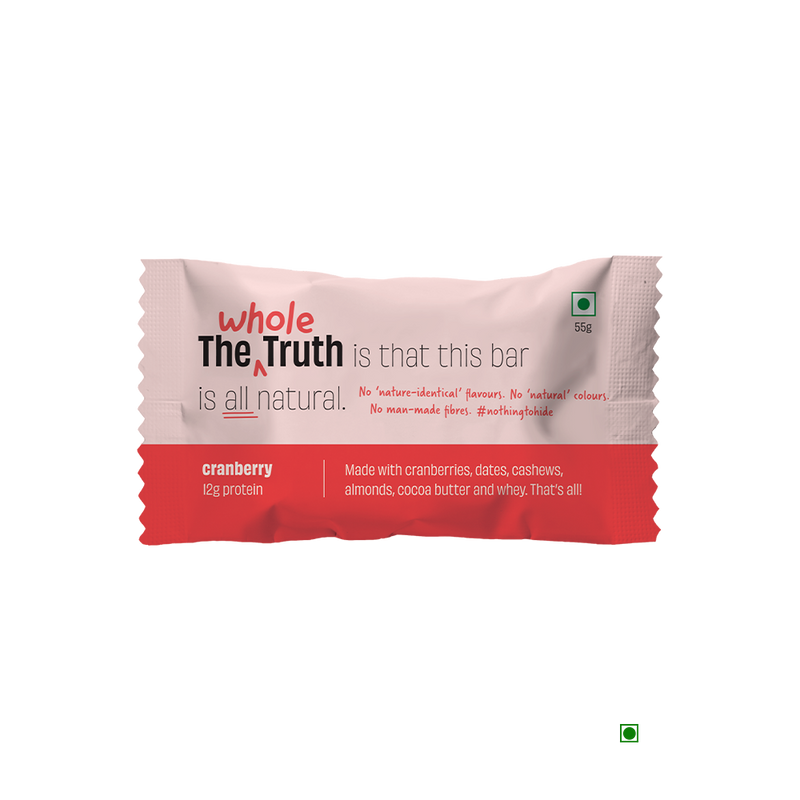 The Whole Truth Cranberry Protein Bar 55g with roasted almonds and cranberries.