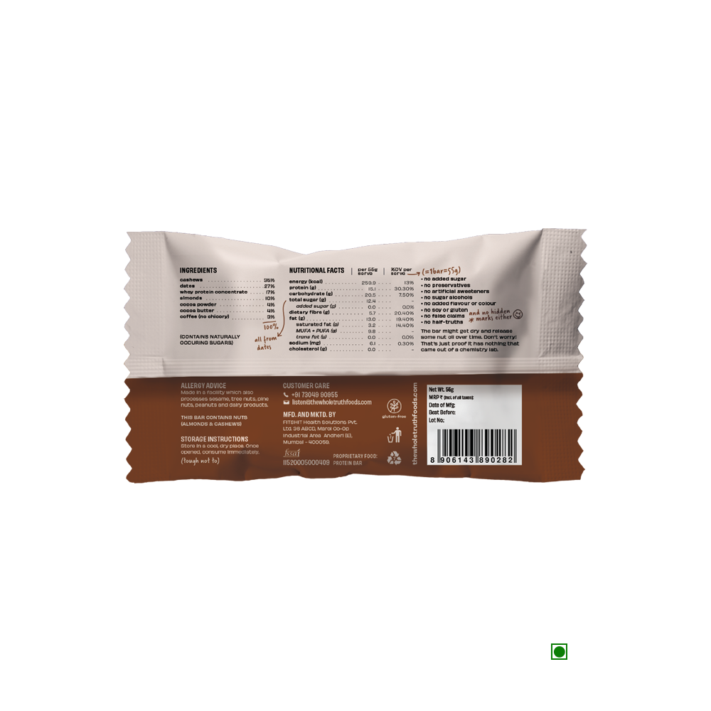 An image of The Whole Truth Coffee Cocoa Protein Bar 55g.