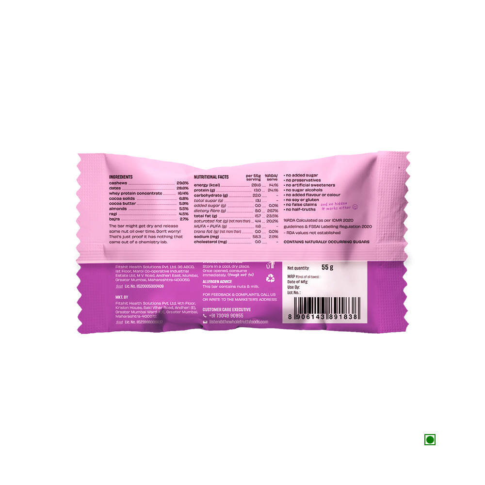 Back view of The Whole Truth Almond Millet Cocoa Protein Bar 55g package, showcasing nutritional information and ingredients with almonds against a purple and pink background.