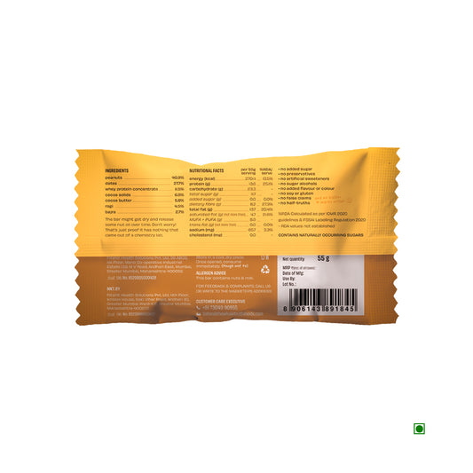 The reverse side of The Whole Truth's yellow snack package for their Peanut Millet Cocoa Protein Bar 55g discloses ingredients such as protein-rich crunchy millet, in addition to nutritional facts, manufacturer information, and a barcode.