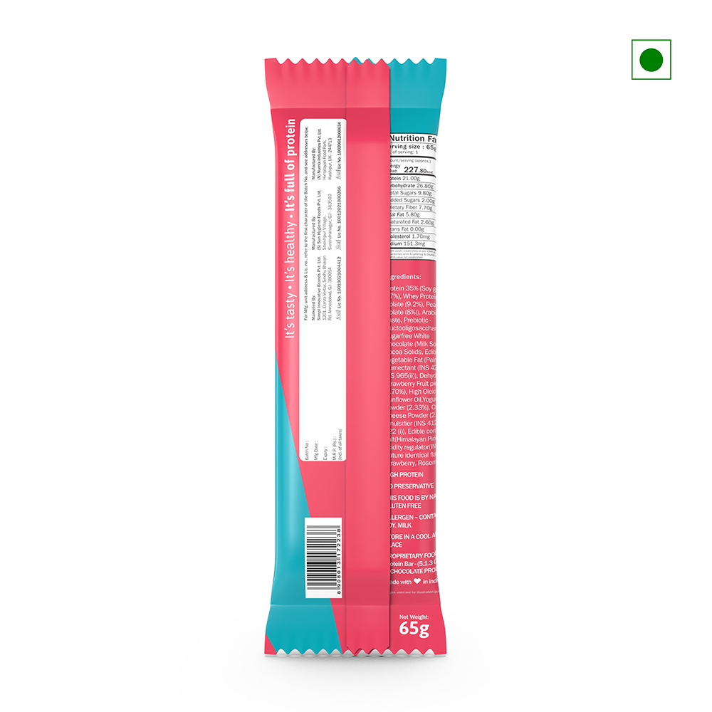 Back view of a wrapper for the Phab Protein Bar Chocolate Brownie 65g, featuring pink and teal colors. Nutritional information, a barcode, and text are displayed. In the top corner, the Indian green dot symbol indicates its vegetarian status, alongside a label specifying India as the country of origin.