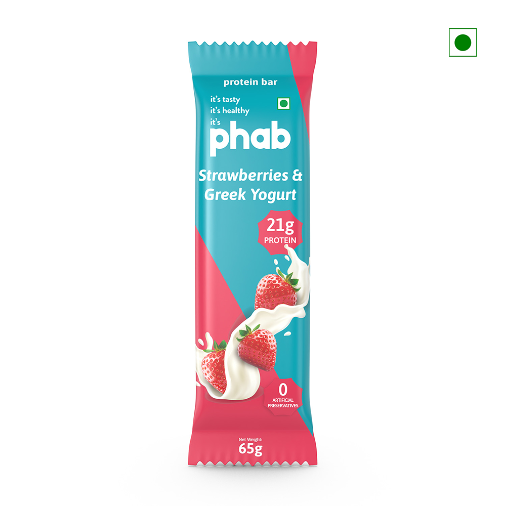 Protein bar wrapper labeled "Phab Protein Bar Chocolate Brownie," crafted in India, with 21g protein and no artificial preservatives, displaying a chocolate brownie image. Net weight: 65g.