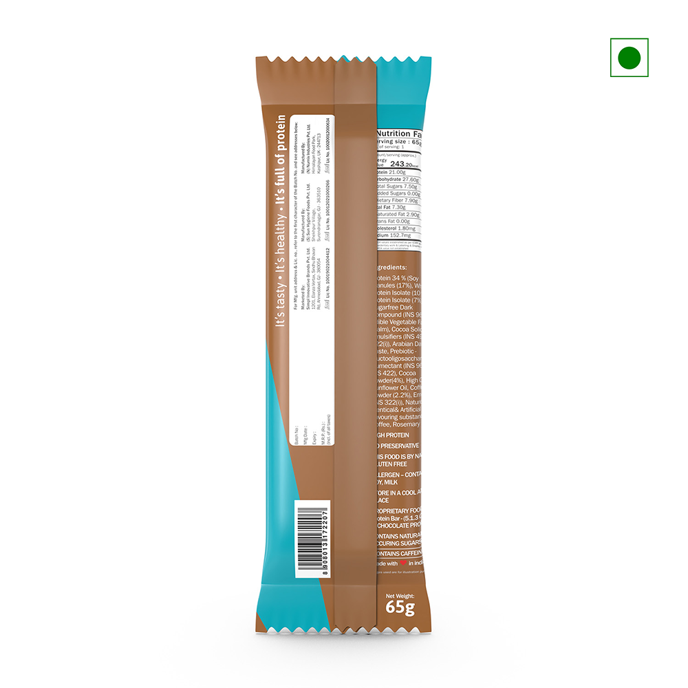 Back view of the Phab Protein Bar Mocha Nut Fudge 65g package displaying nutritional information and ingredients. The brown and teal design includes a green square symbol in the top right corner, with "Country of Origin: India" subtly noted at the bottom for authenticity.