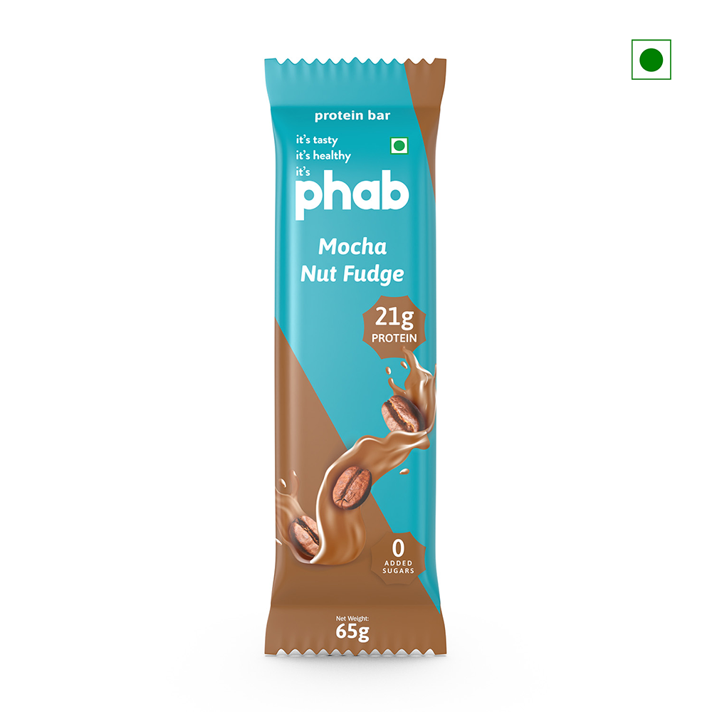 The Phab Protein Bar Mocha Nut Fudge 65g highlights 21g of protein and no added sugar on its packaging. This tasty snack, weighing 65g, originates from India.