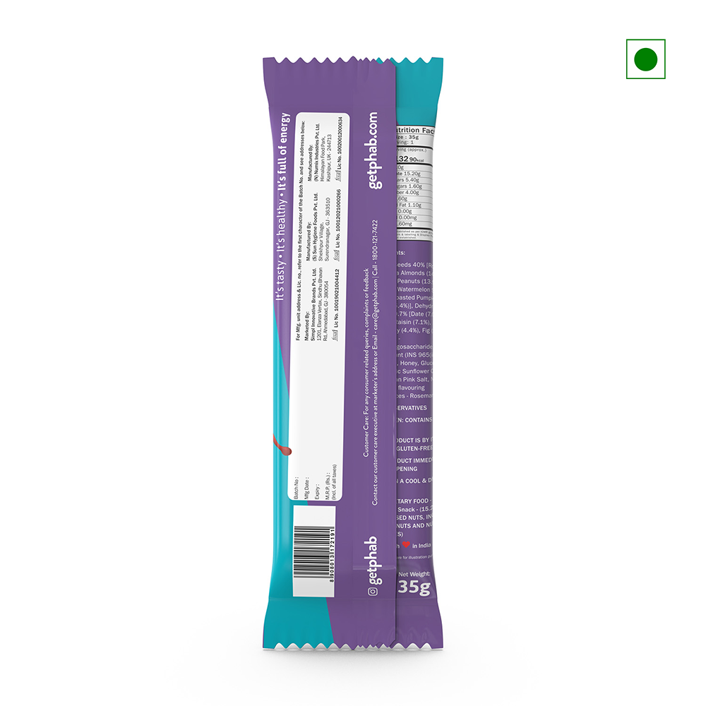 A rectangular snack bar with a purple and teal wrapper featuring various text, a barcode, and a small green square symbol in the top right corner prominently displays its country of origin: India. This product is known as the Phab Energy Bar Fruit & Nut 35g from the brand Phab.