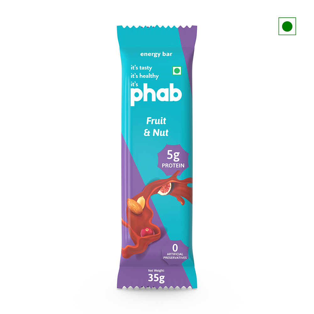 The wrapper of the "Phab Energy Bar Fruit & Nut 35g" features a blue and purple design, offering 5g of protein without any artificial preservatives. An Indian packaging symbol in the top right corner indicates its origin as India.