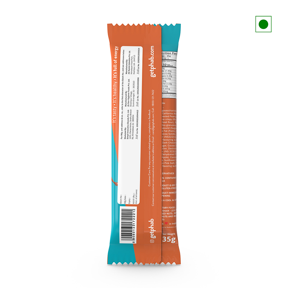 The back view of the Phab Energy Bar Chocolate Almond 35g package showcases an ingredients list, nutritional facts, a barcode, and a website URL. The packaging is adorned in orange and turquoise hues, proudly indicating India as the country of origin.