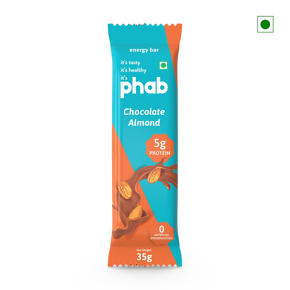 The Phab Energy Bar Chocolate Almond 35g features an eye-catching turquoise and orange package, decorated with almond and chocolate graphics. Offering 5g of protein and free from artificial preservatives, this bar is proudly made in India and is ideal for those seeking a convenient snack on the go.