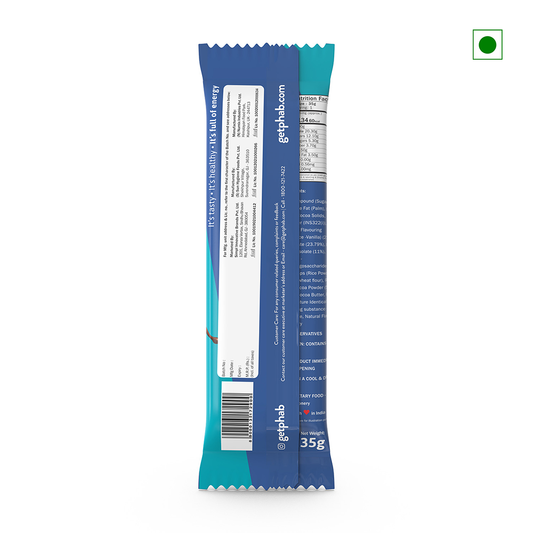 A rectangular packet of the Phab Energy Bar Choco Fudge 35g, designed in blue and teal colors, features nutritional information and a website URL on the back. The Indian green vegetarian symbol in the top right corner indicates that it originates from India.