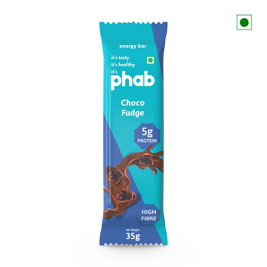 The Phab Energy Bar Choco Fudge 35g has an enticing blue wrapper adorned with images of dripping chocolate. It boasts 5g of protein and is high in fiber. Proudly made in India, this nutritious and delightful treat is a tasty offering from the brand Phab.