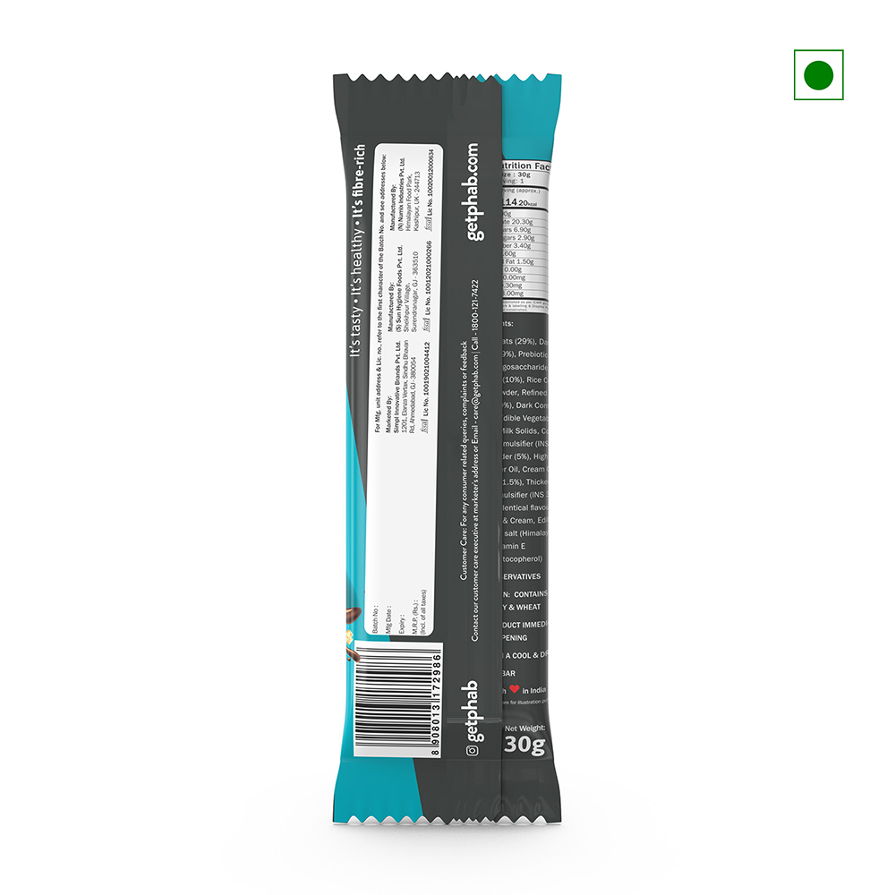 A rectangular Phab Granola Bar Cookie & Cream 30g in a teal and black wrapper features a white label and barcode on the back. It proudly displays a small green square logo at the top right, indicating "Country of Origin: India.