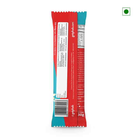 Back view of the Phab Granola Bar Mixed Berry Blast 30g package in red and blue, showcasing nutrition facts, a barcode, website URL, and indicating Country of Origin: India.