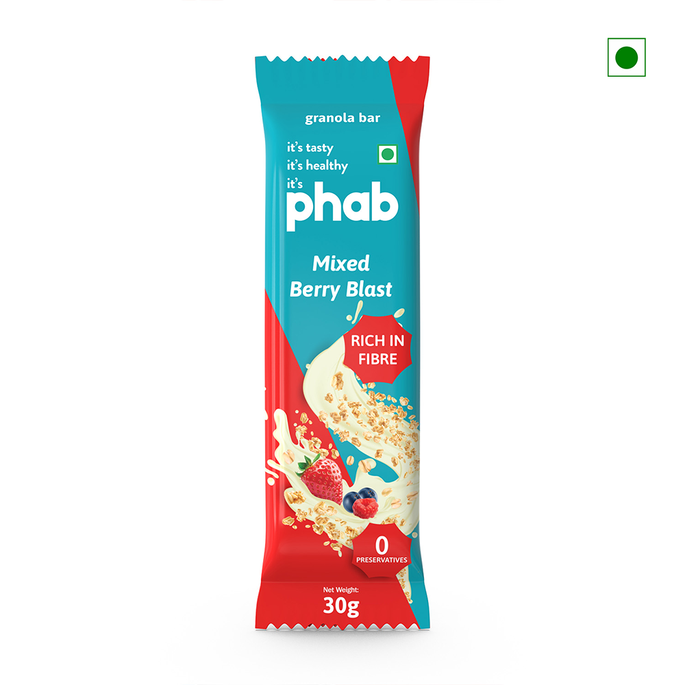 The packaging of the Phab Granola Bar Mixed Berry Blast 30g is beautifully adorned with illustrations of berries and grains. It proudly features labels that read "Rich in Fibre," "0 Preservatives," and highlights its origin as India.