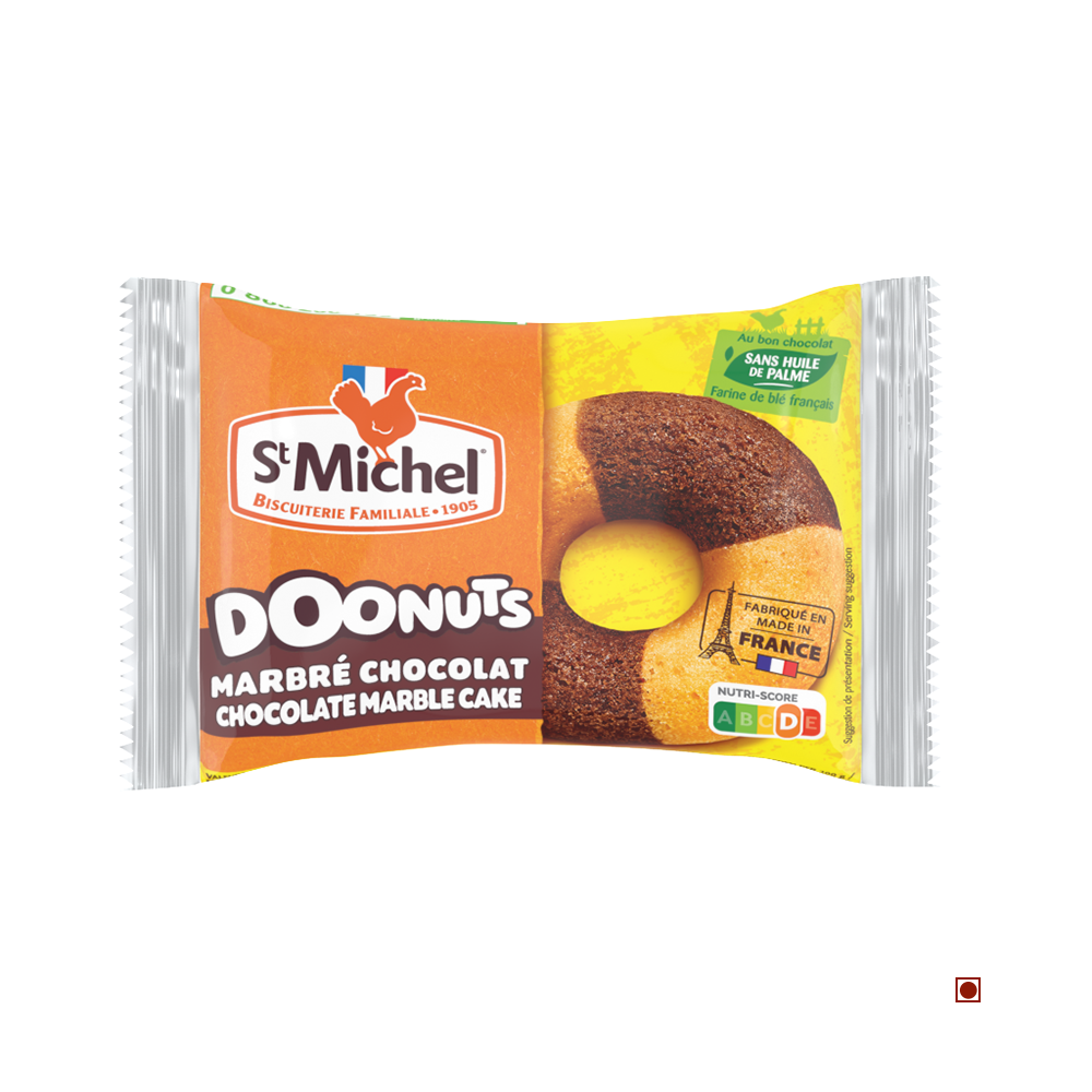 A packaged St. Michel French Doonuts Chocolate Marble 30G donut, featuring French and English text, a nutrition label, and a "made in France" badge on the wrapper.
