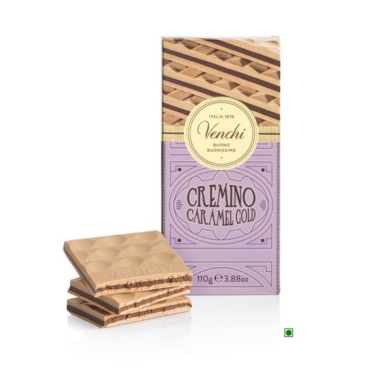 A Venchi Gold Caramel Cremino Bar 110g, a creamy chocolate bar with a combination of caramel and dark chocolate.