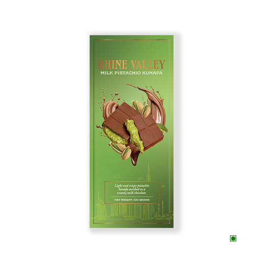 A green pack of Rhine Valley Milk Kunafa 100g offers milk chocolate squares with pistachio and kunafa, blending rich flavors inspired by India in every bite.