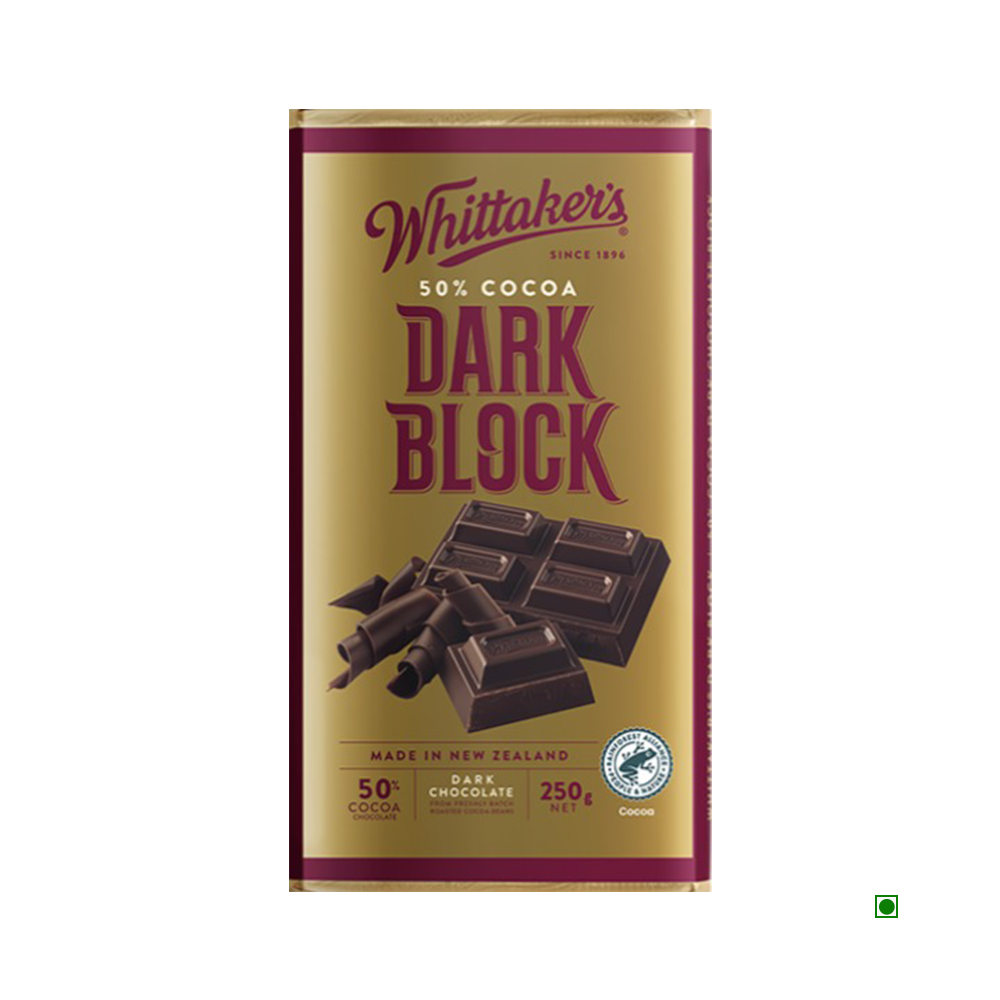 Whittakers Dark Bar 250g, in gold and maroon packaging with images of chocolate and cocoa shavings, offers a rich flavour that dark chocolate lovers will appreciate.