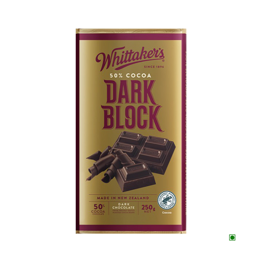 Whittakers Dark Bar 250g, in gold and maroon packaging with images of chocolate and cocoa shavings, offers a rich flavour that dark chocolate lovers will appreciate.