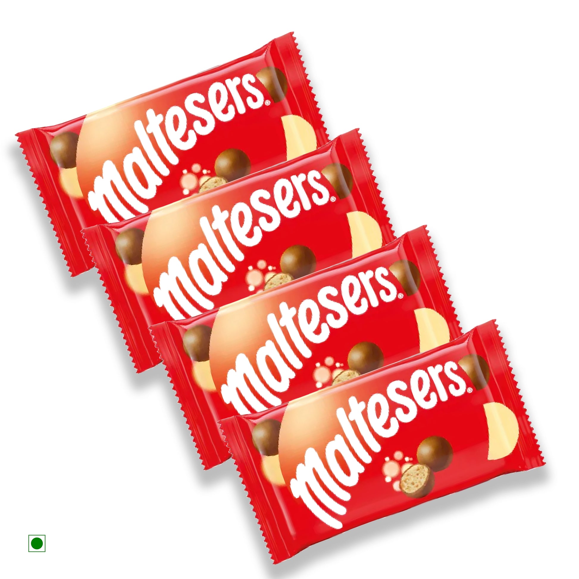 Four Maltesers Single (Pack of 4) 148g, featuring honeycombed centres and smooth milk chocolate, are arranged diagonally on a white background.