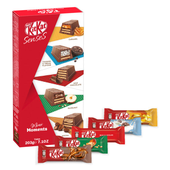 A box of Kit Kat Mini Moments Box 203g with various flavours, perfect for a quick and delicious snack.