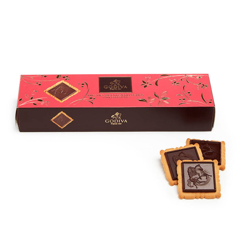 A box of Godiva Prestige Dark Biscuit 12pc 100g chocolates and a box of cookies.