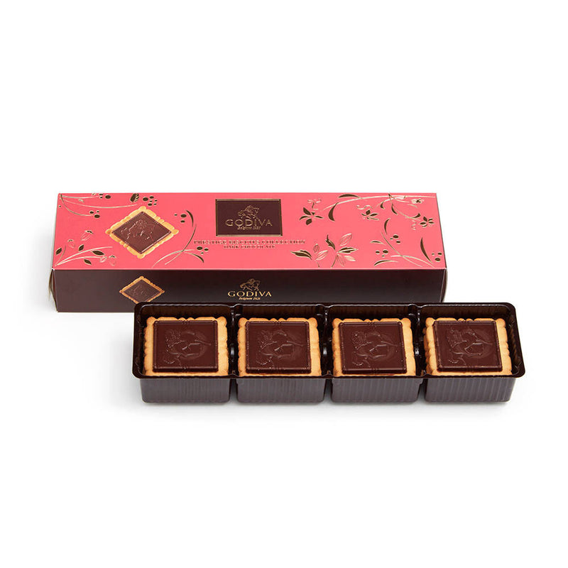 Four Godiva Prestige Dark Biscuit 12pc 100g squares in a box on a white background.