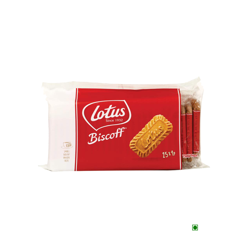 Lotus Biscoff Original 156g caramelised biscuits, featuring a red and white label with a transparent section to highlight the delightful authentic Belgian treat inside.