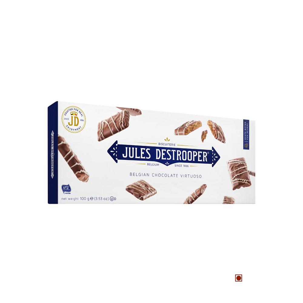 A box of Jules Destrooper Belgian Chocolate Virtuoso 100g bars.