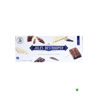 A box of Jules Destrooper Belgian Chocolate Thins 100g.