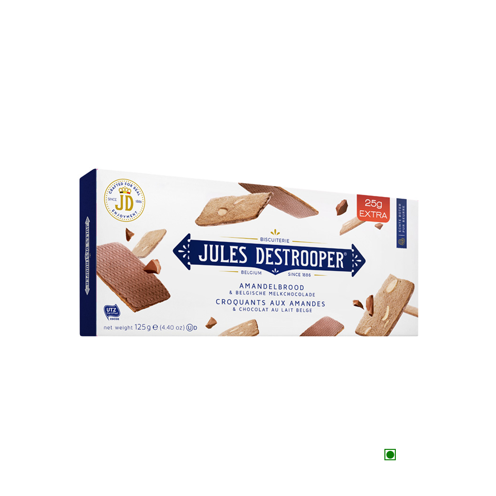 Jules Destrooper Almond Thins & Belgian Chocolate 125g in a box.