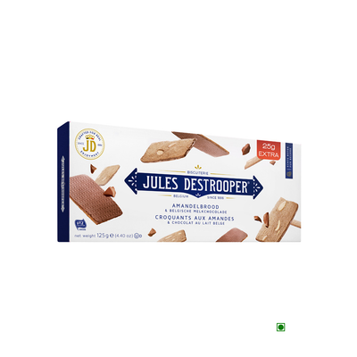Jules Destrooper Almond Thins & Belgian Chocolate 125g in a box.