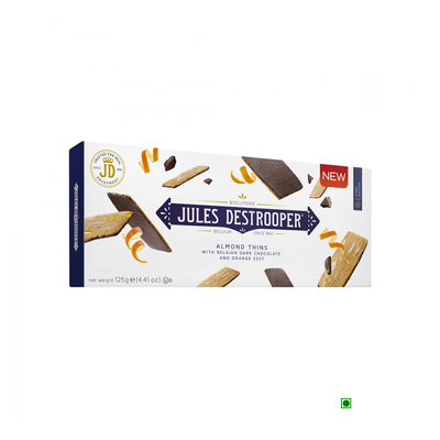 A box of Jules Destrooper Almond Thins With Belgian Dark Chocolate & Orange Zest 125g is shown on a white background.