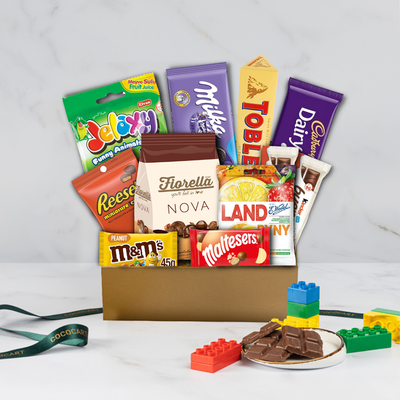 A Kiddo's Delight gift hamper filled with chocolate and Legos from Gift Hampers.