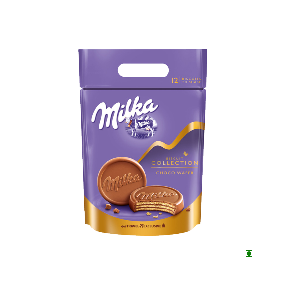 A bag of Milka Choco Wafer Pouch 360g chocolates in a purple bag.