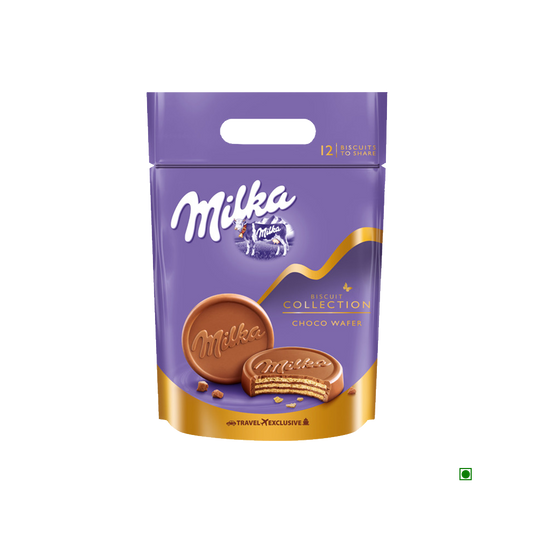 A bag of Milka Choco Wafer Pouch 360g chocolates in a purple bag.