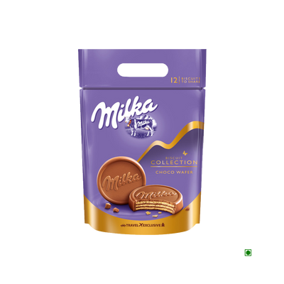 A bag of Milka Choco Wafer Pouch 360g chocolates in a purple bag.