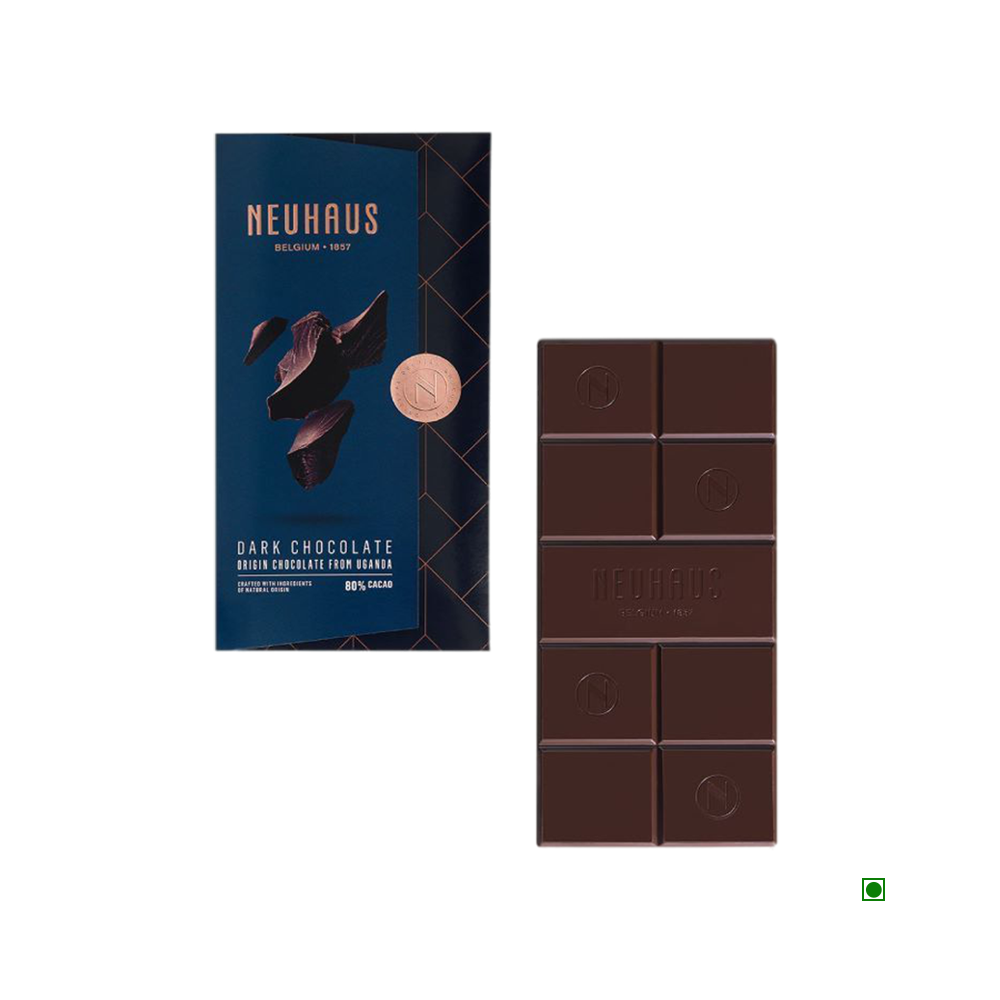 A Neuhaus Dark Uganda 80% Cocoa Bar 100g with a label on it.