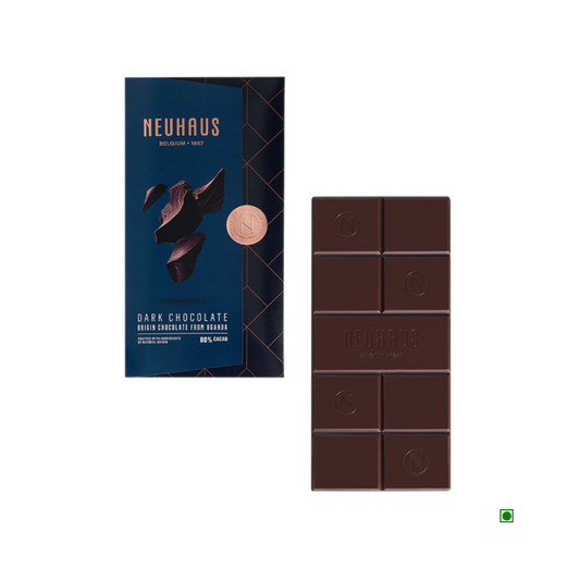 A Neuhaus Dark Uganda 80% Cocoa Bar 100g with a label on it.