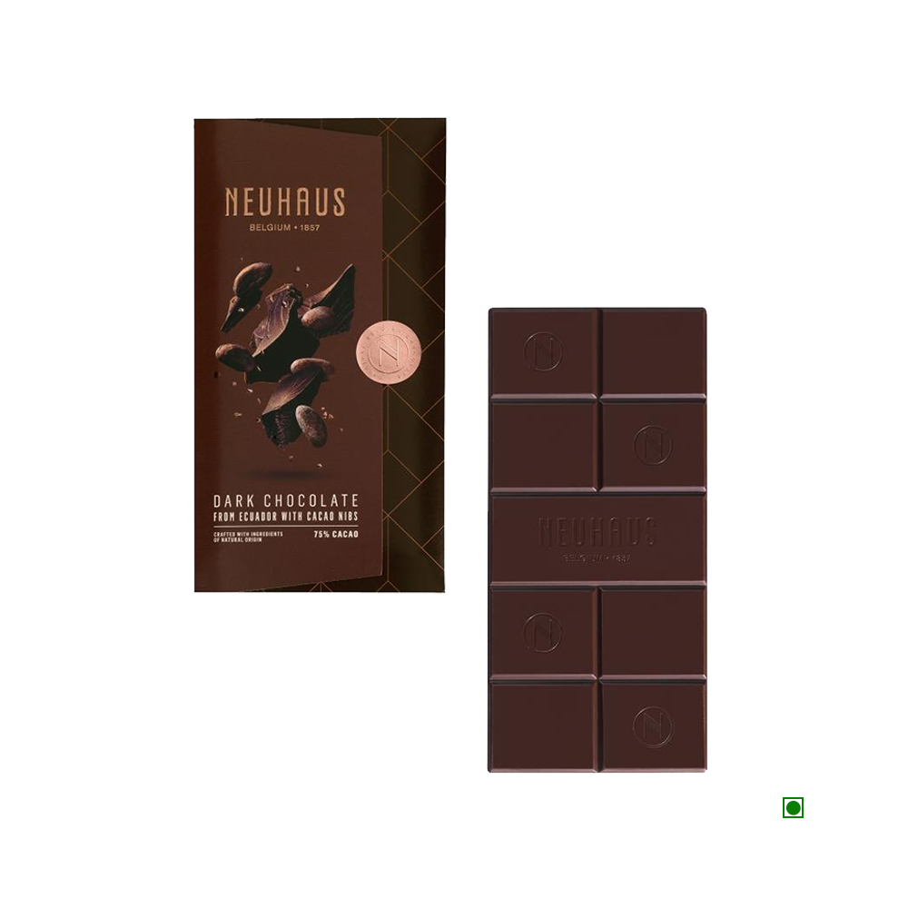 A Neuhaus Dark Nibs 70% Cocoa Bar 100g with a box next to it.