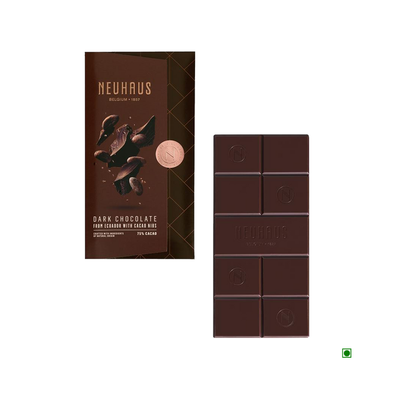 A Neuhaus Dark Nibs 70% Cocoa Bar 100g with a box next to it.