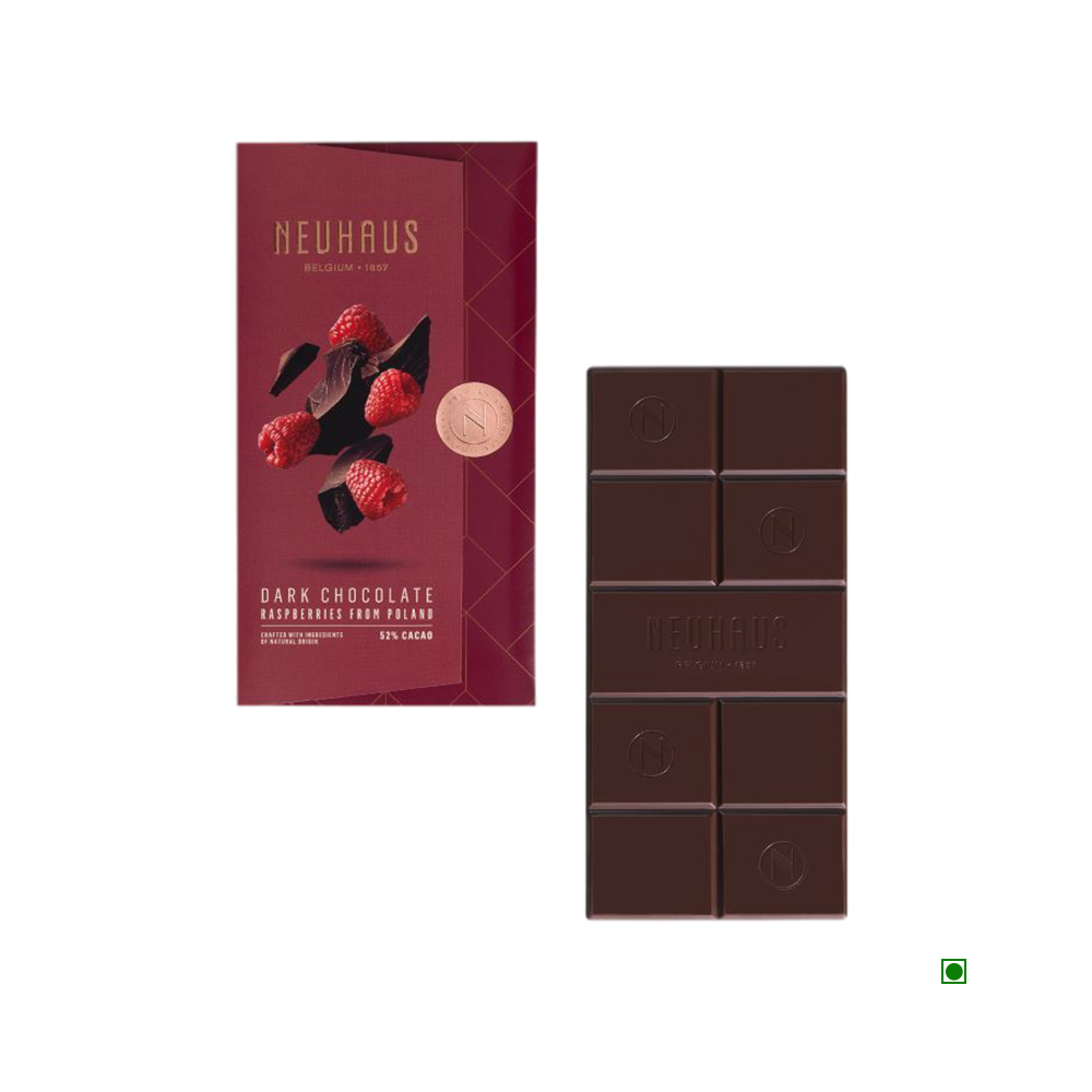 A Neuhaus Dark Raspberry 52% Cocoa Bar 100g with raspberries on top.