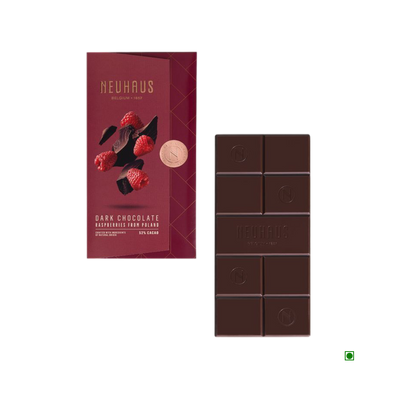 A Neuhaus Dark Raspberry 52% Cocoa Bar 100g with raspberries on top.